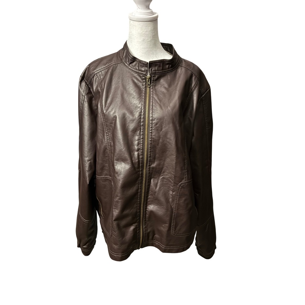 George Womens Plus 2X Brown Faux Leather Moto Jacket Full Zip GW34307Y